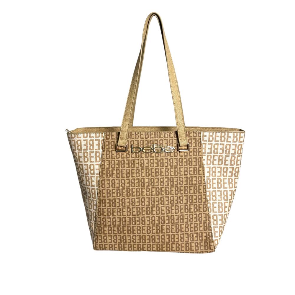 Bebe Ashley Logo Print Tote Bag Tan Handbag Purse XL Large School Work - Picture 15 of 16